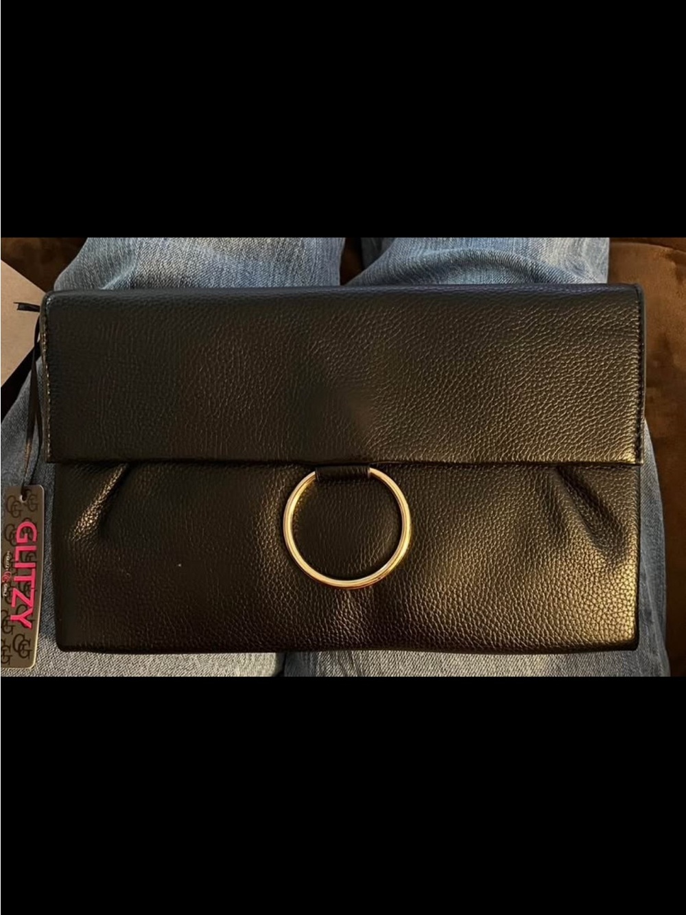 Glitz Black Foldover Clutch with Gold Ring Accent